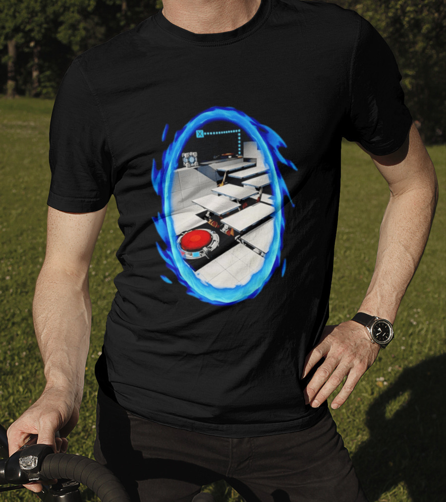 Portal Weighted Companion Cube Aperture Science Test Chamber Blue Portal Steps T-Shirt