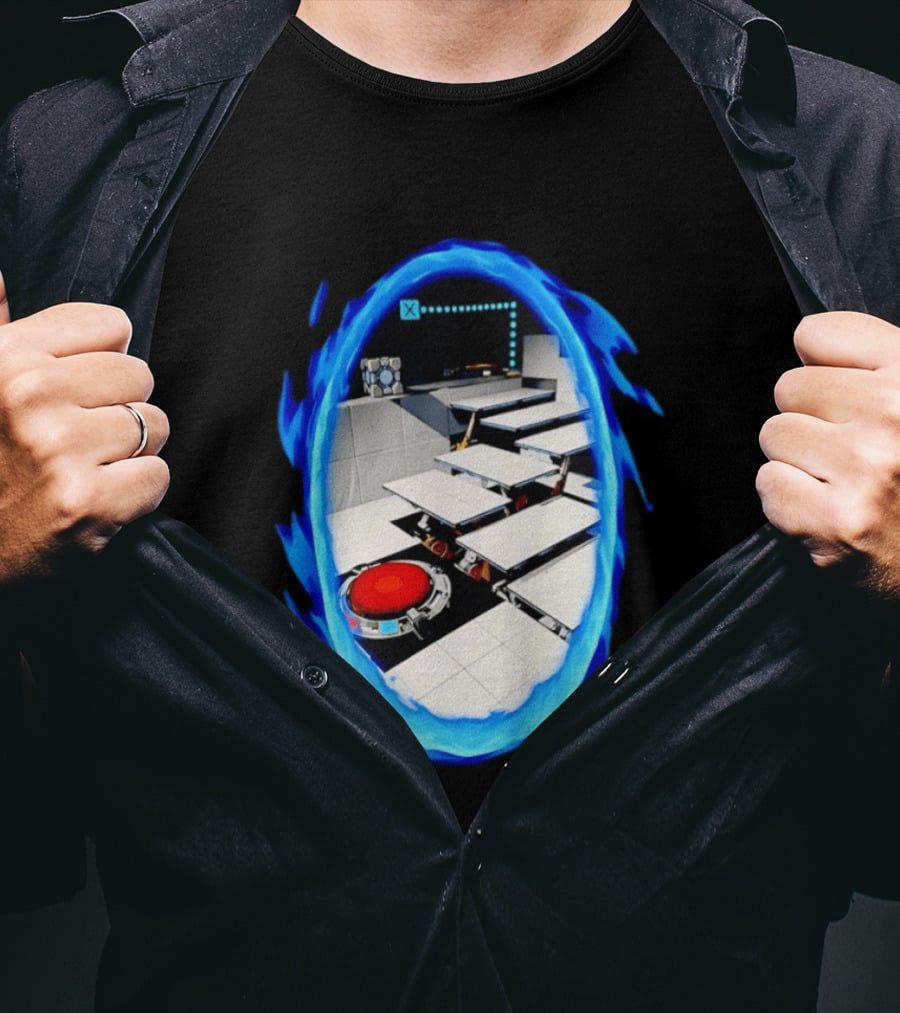Portal Weighted Companion Cube Aperture Science Test Chamber Blue Portal Steps T-Shirt
