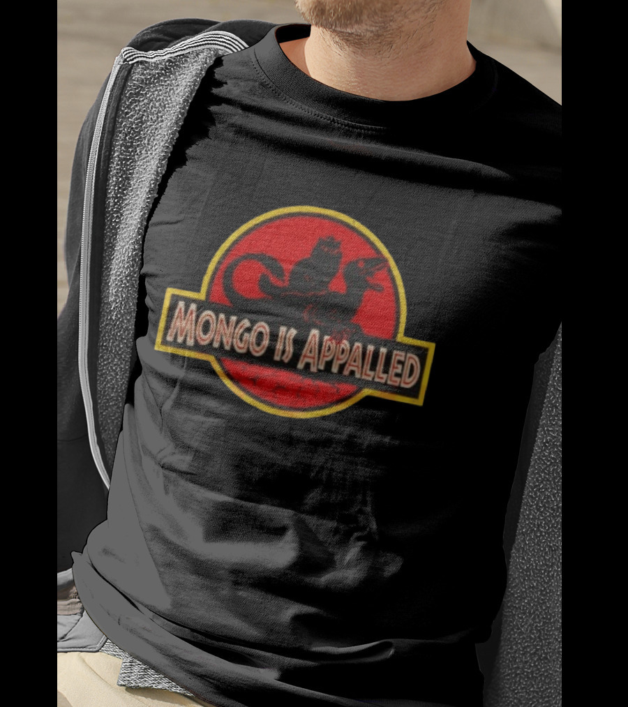 Mongo Is Appalled Cat Riding Raptor Dinosaur Circle T-Shirt