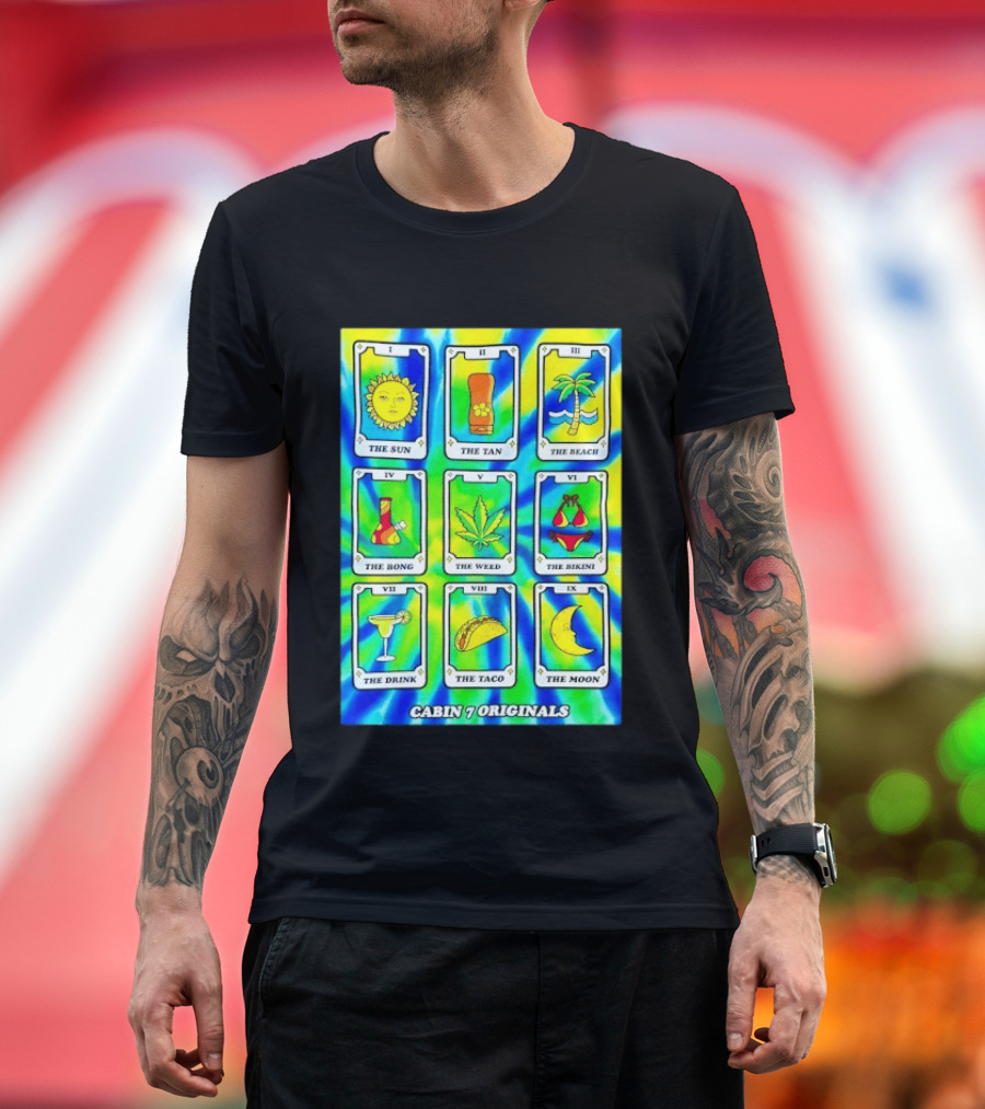 Cabin 7 Originals Tarot Cards Sun Tan Beach Bong Weed Bikini Drink Taco Moon T-Shirt
