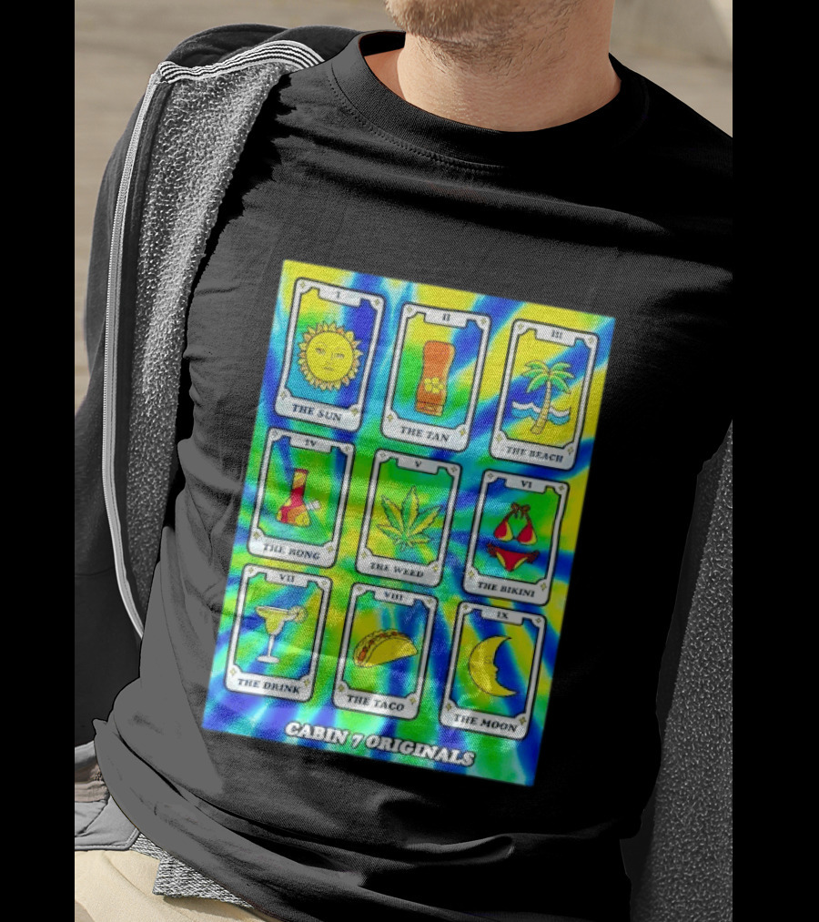 Cabin 7 Originals Tarot Cards Sun Tan Beach Bong Weed Bikini Drink Taco Moon T-Shirt