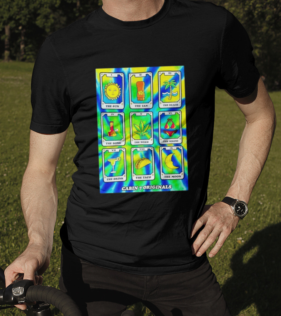 Cabin 7 Originals Tarot Cards Sun Tan Beach Bong Weed Bikini Drink Taco Moon T-Shirt