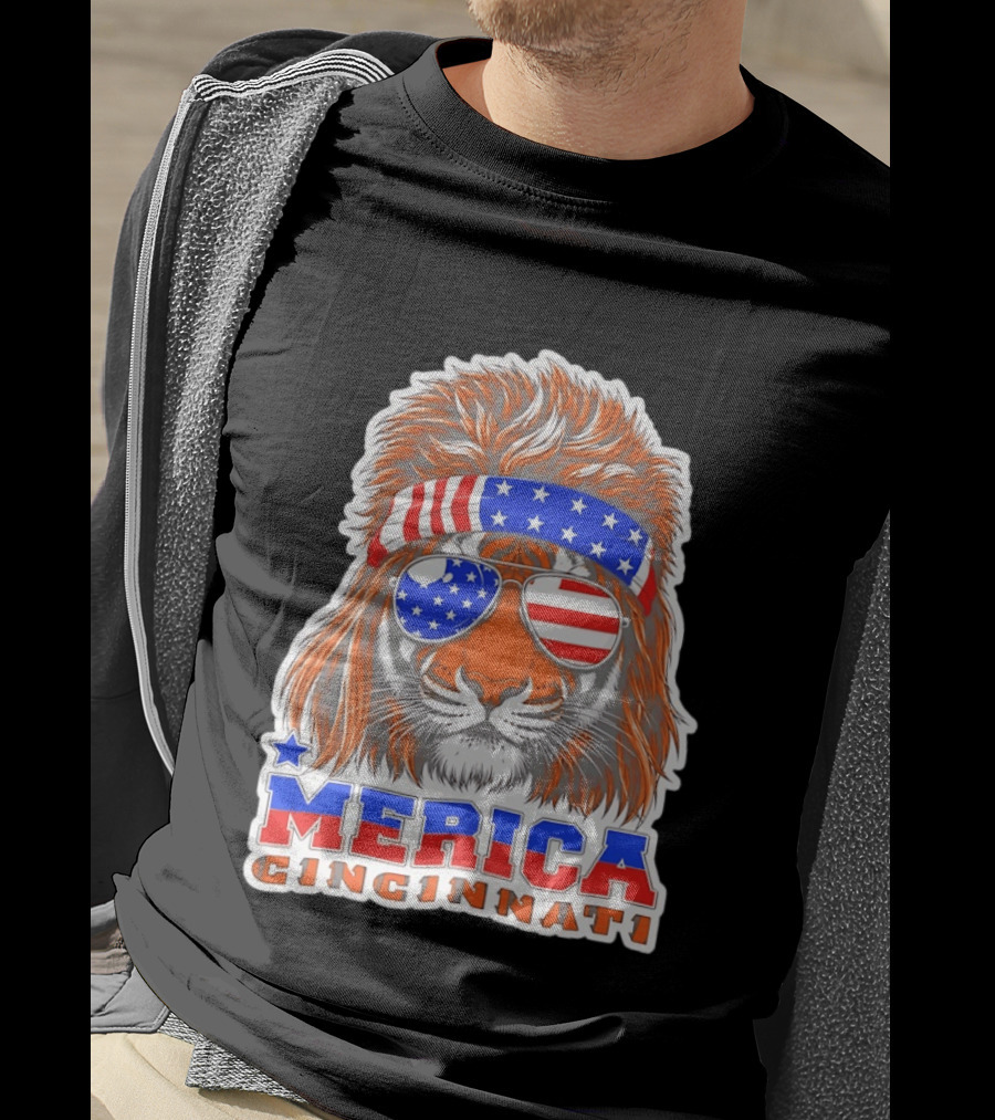 Cincinnati Merica Patriotic Tiger Mullet USA Flag T-Shirt