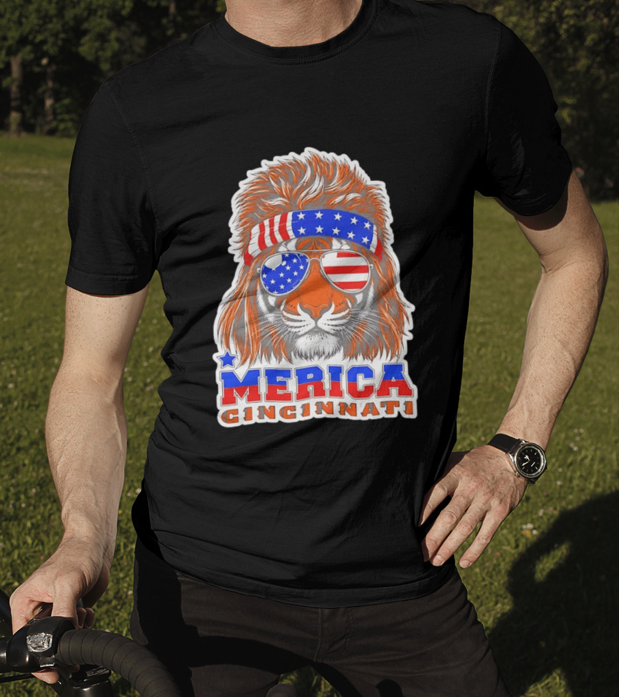 Cincinnati Merica Patriotic Tiger Mullet USA Flag T-Shirt