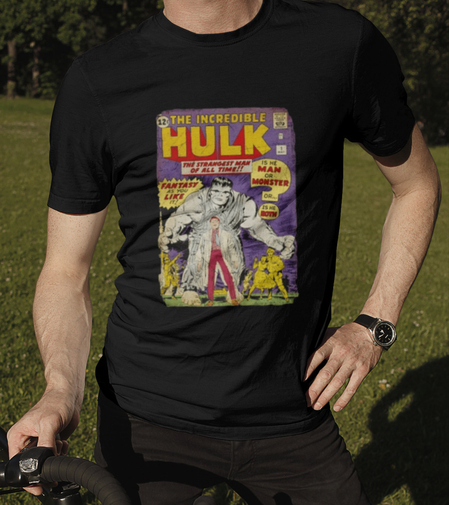 The Incredible Hulk The Strangest Man Of All Time Fantasy Comic Cover Is He Man Or Monster T-Shirt