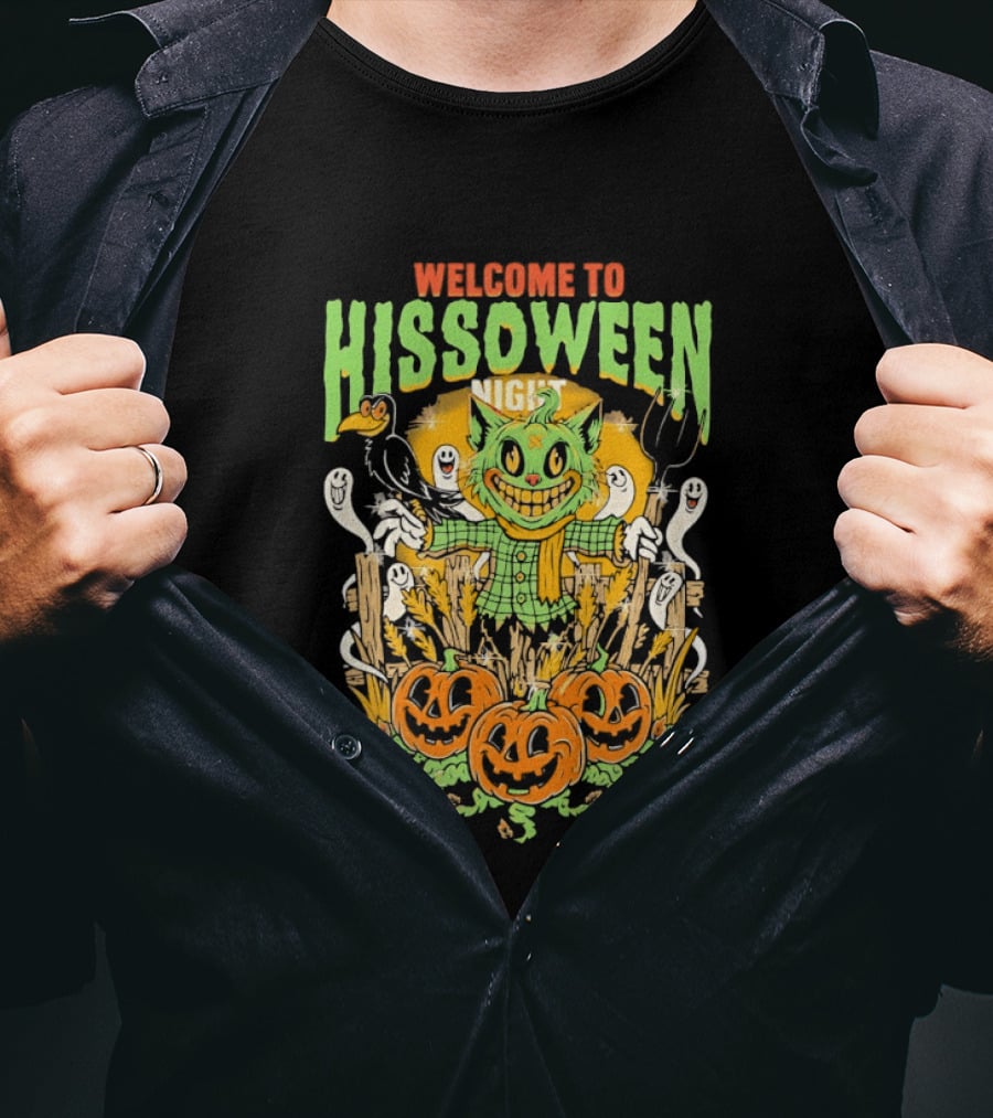 Welcome To Hissoween Night Cat Ghost Scarecrow Pumpkin T-Shirt