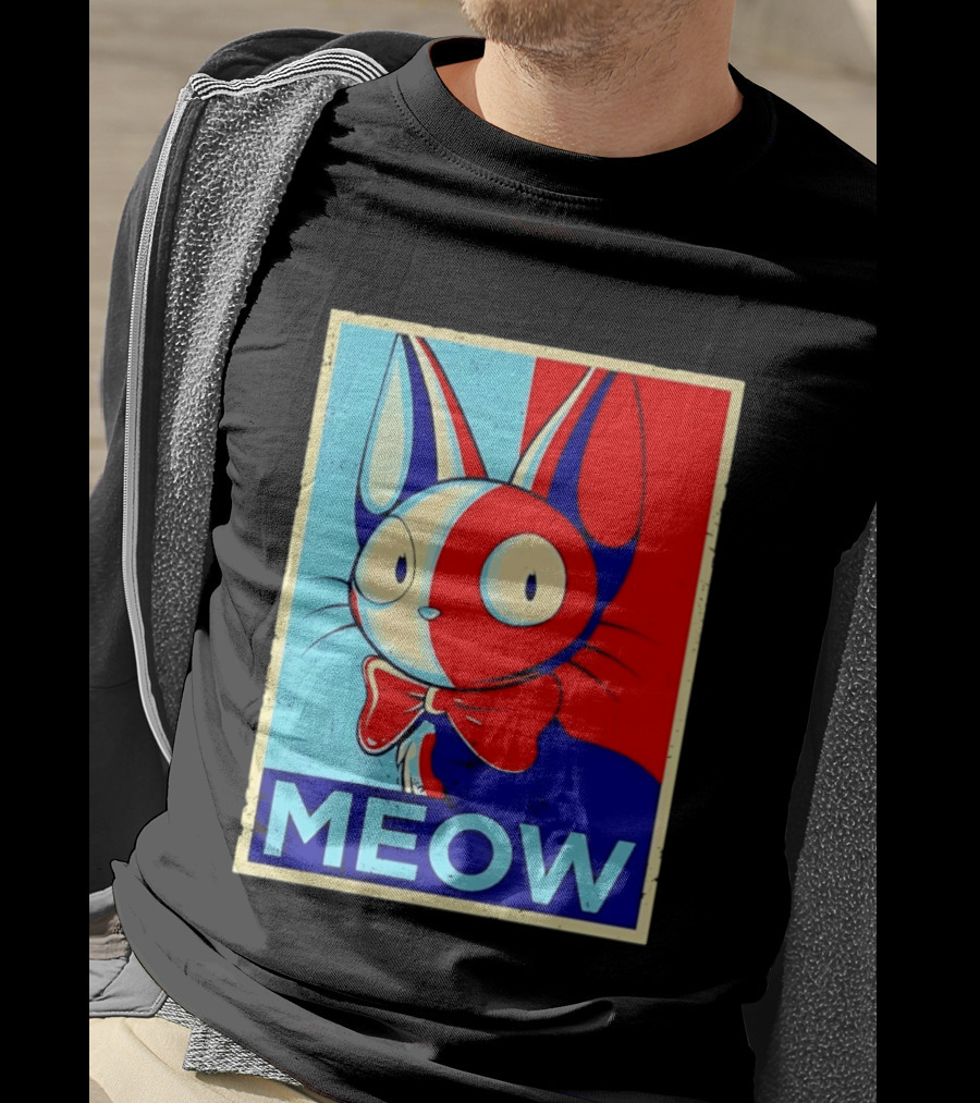 Meow Red Blue Cat Bow Tie T-Shirt