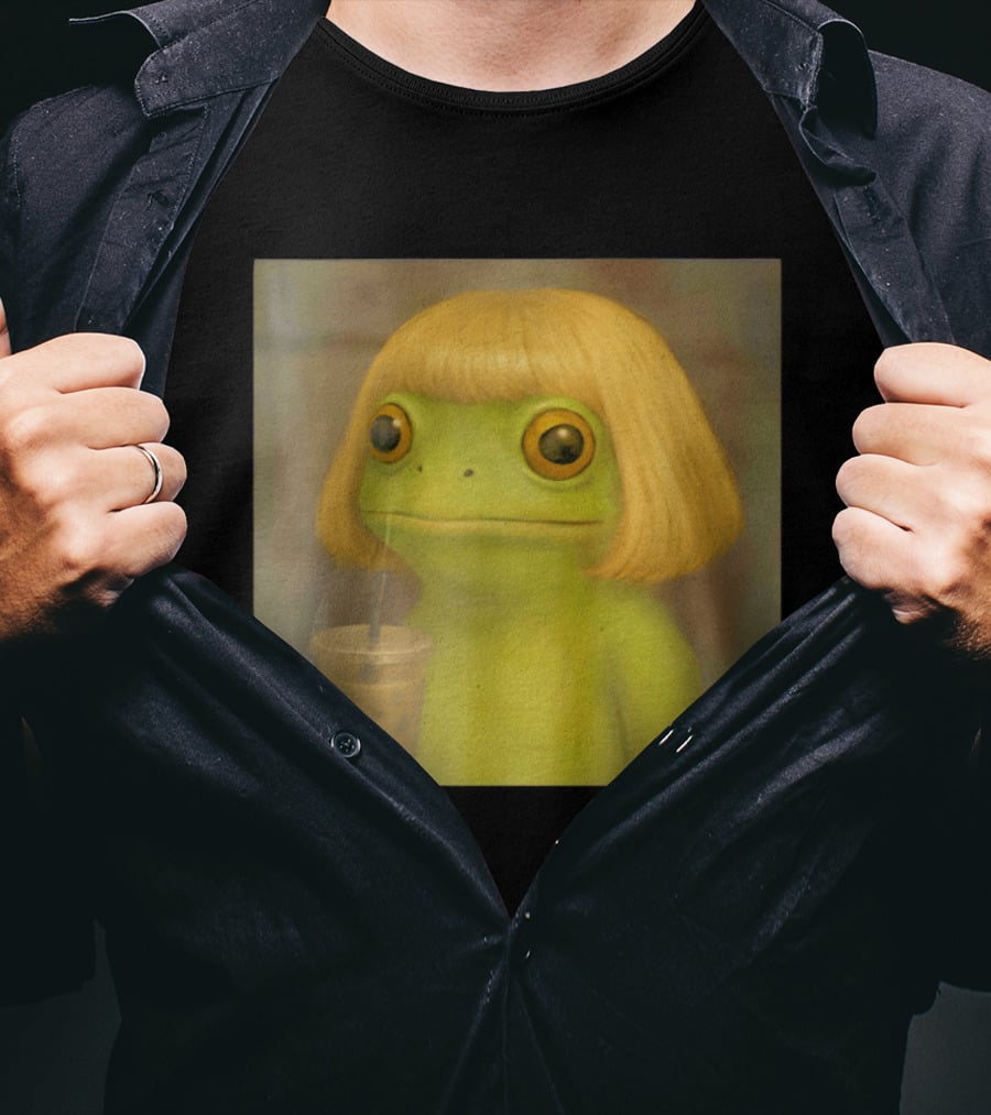 Blonde Wig Frog Holding Iced Coffee T-Shirt