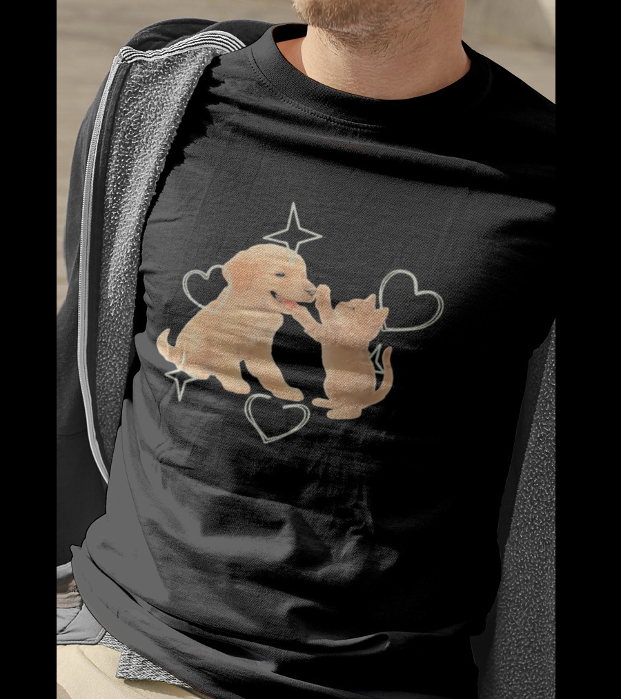 Golden Retriever Puppy And Tabby Kitten Playing With Stars And Hearts T-Shirt