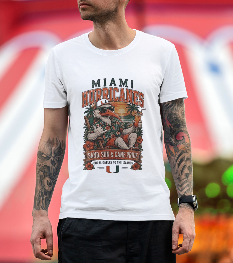 Miami Hurricanes Sand Sun Cane Pride Coral Gables To The Islands T-Shirt