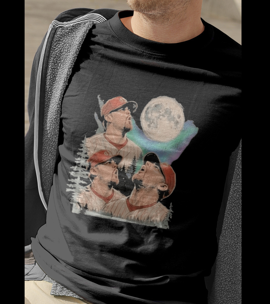 Three Howling Phillies 2026 Randy Wolf Meme Vintage Baseball Art Baseball Moon Forest T-Shirt