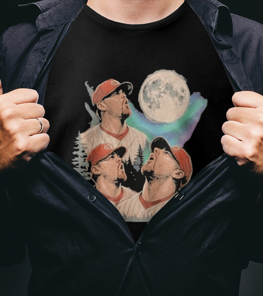 Three Howling Phillies 2026 Randy Wolf Meme Vintage Baseball Art Baseball Moon Forest T-Shirt