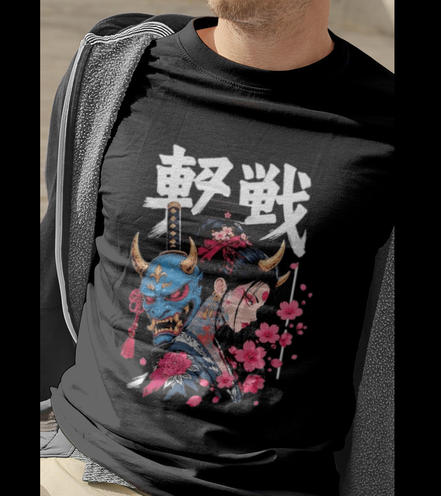 Japanese Oni Mask And Geisha With Cherry Blossoms Kanji T-Shirt