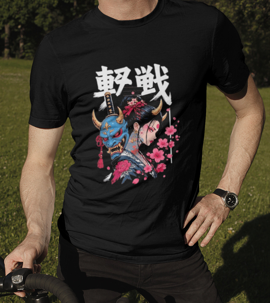 Japanese Oni Mask And Geisha With Cherry Blossoms Kanji T-Shirt