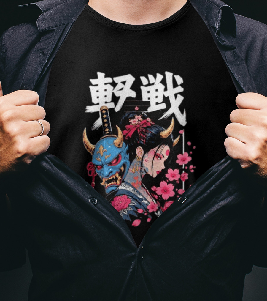 Japanese Oni Mask And Geisha With Cherry Blossoms Kanji T-Shirt