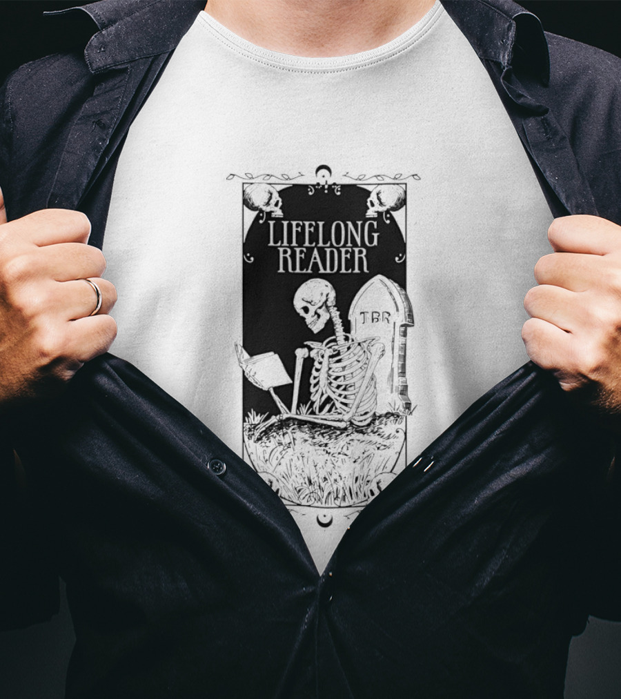 Lifelong Reader Skeleton With Book And Tombstone Retro Gothic T-Shirt