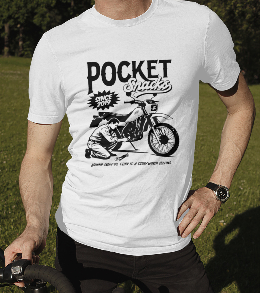 Pocket Snacks Since 2019 Motorcycle Mechanic Oil Stain T-Shirt