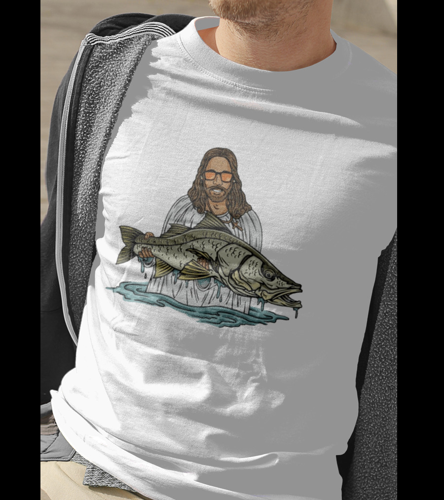 Jesus Holding Fish Like Jesus Fishing With Sunglasses T-Shirt
