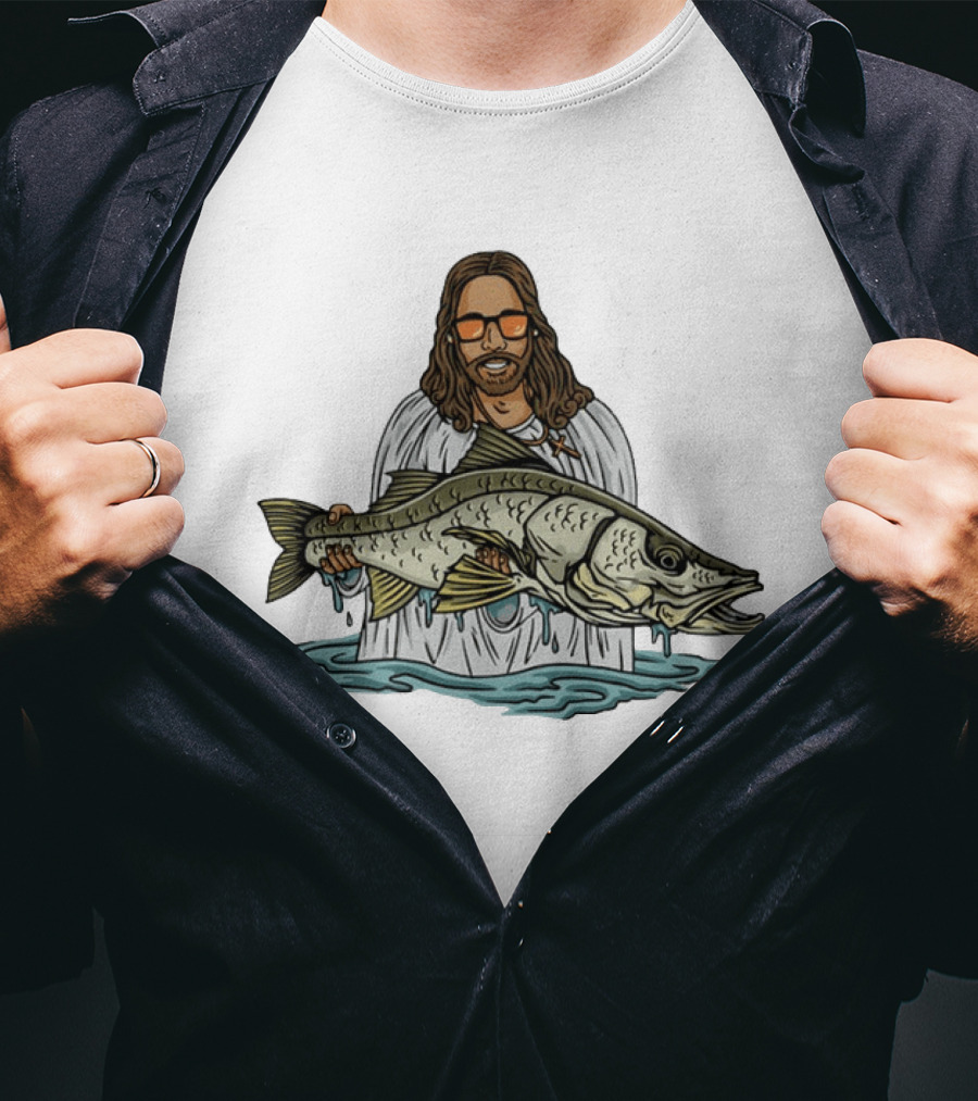 Jesus Holding Fish Like Jesus Fishing With Sunglasses T-Shirt