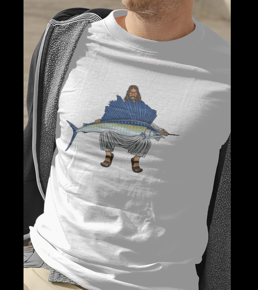 Jesus Holding Sailfish Fish Like Iconic Religious Savior T-Shirt