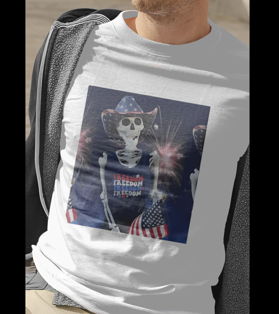 Freedom Skeleton Patriot With American Flag And Fireworks Fourth Of July T-Shirt