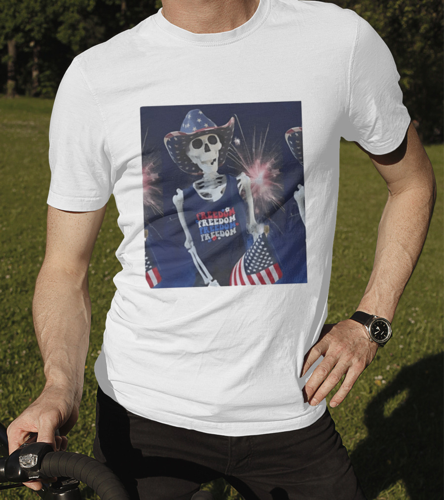 Freedom Skeleton Patriot With American Flag And Fireworks Fourth Of July T-Shirt