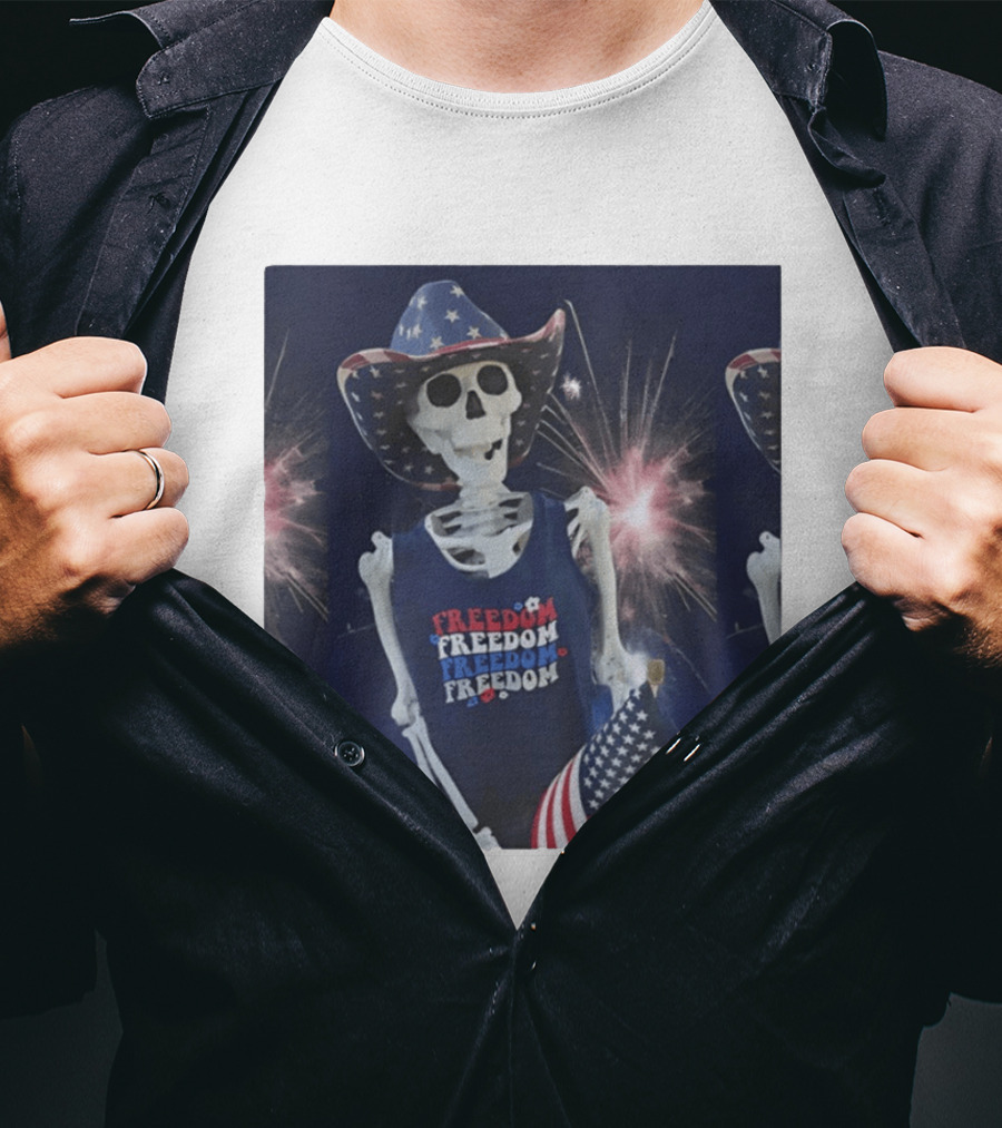 Freedom Skeleton Patriot With American Flag And Fireworks Fourth Of July T-Shirt