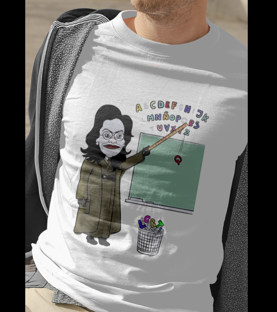 LGBTQ Alphabet Removal Cartoon Teacher With Chalkboard And Trash Bin T-Shirt