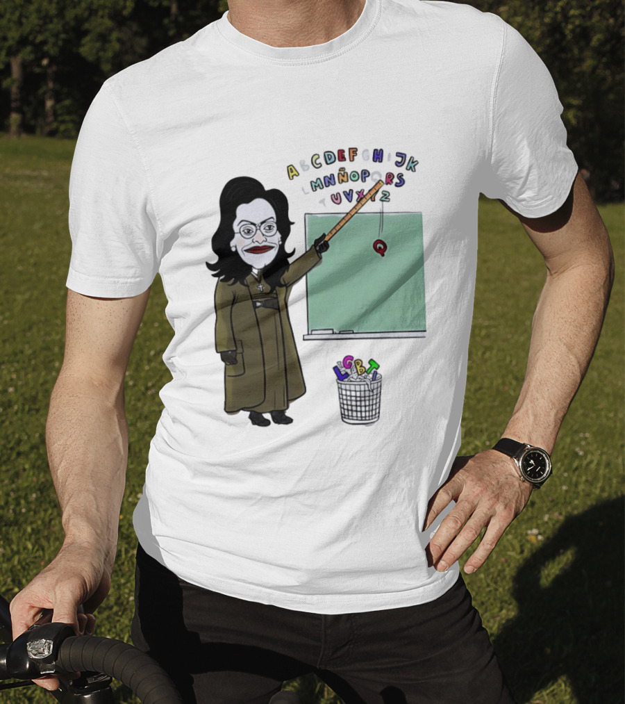 LGBTQ Alphabet Removal Cartoon Teacher With Chalkboard And Trash Bin T-Shirt
