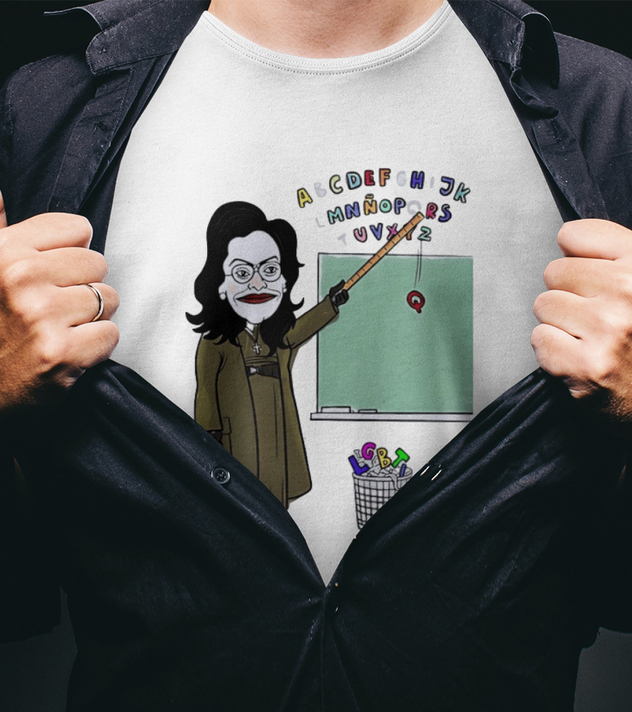 LGBTQ Alphabet Removal Cartoon Teacher With Chalkboard And Trash Bin T-Shirt