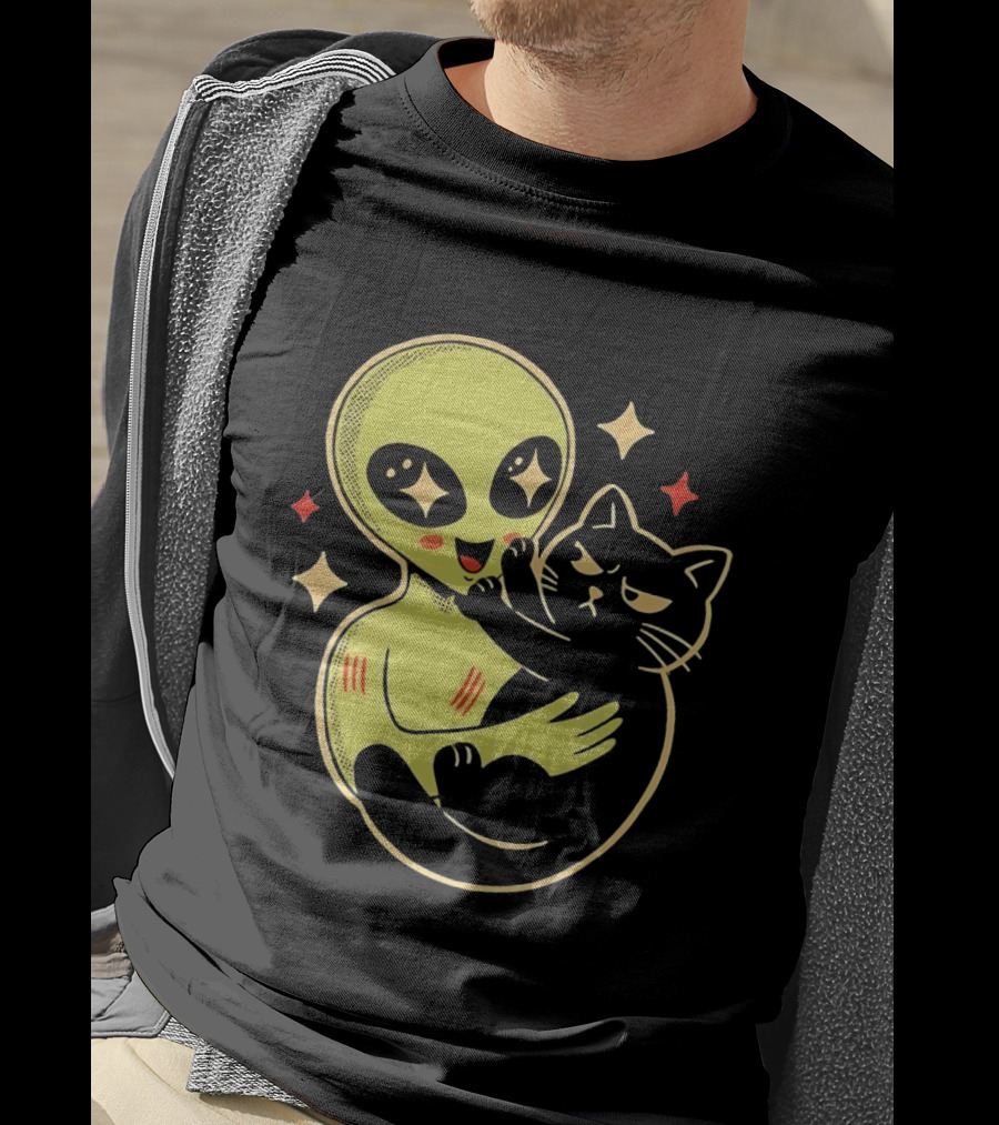Alien Holding Grumpy Black Cat Surrounded By Stars T-Shirt