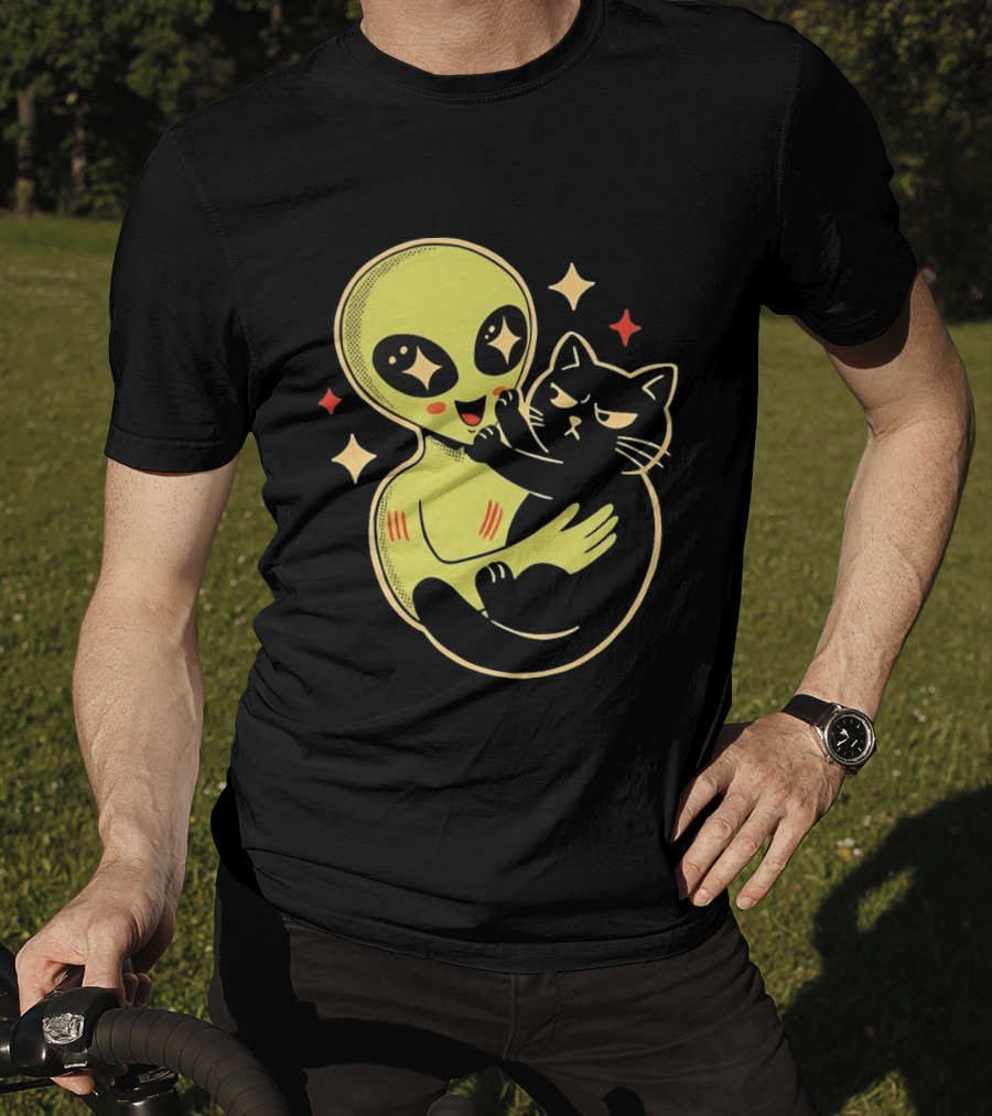 Alien Holding Grumpy Black Cat Surrounded By Stars T-Shirt
