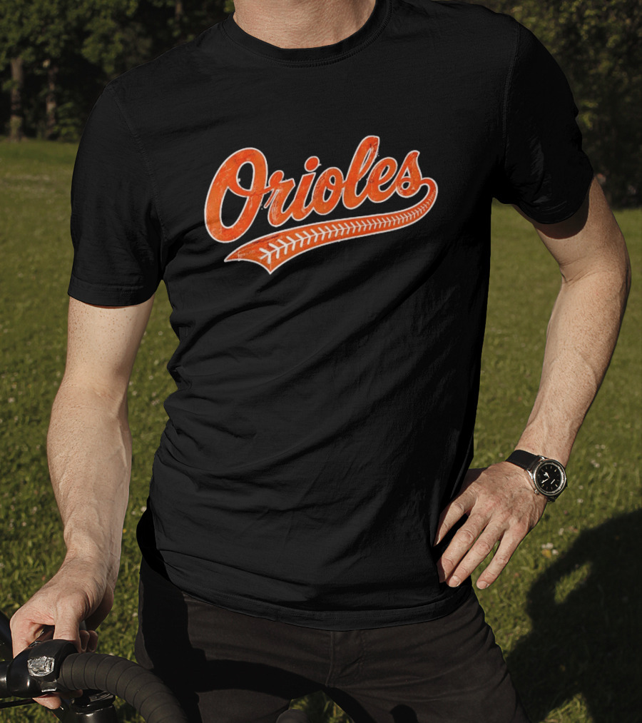 Baltimore Orioles Vintage Text With Baseball Stitching T-Shirt