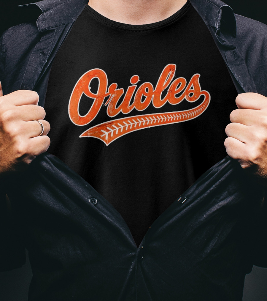 Baltimore Orioles Vintage Text With Baseball Stitching T-Shirt