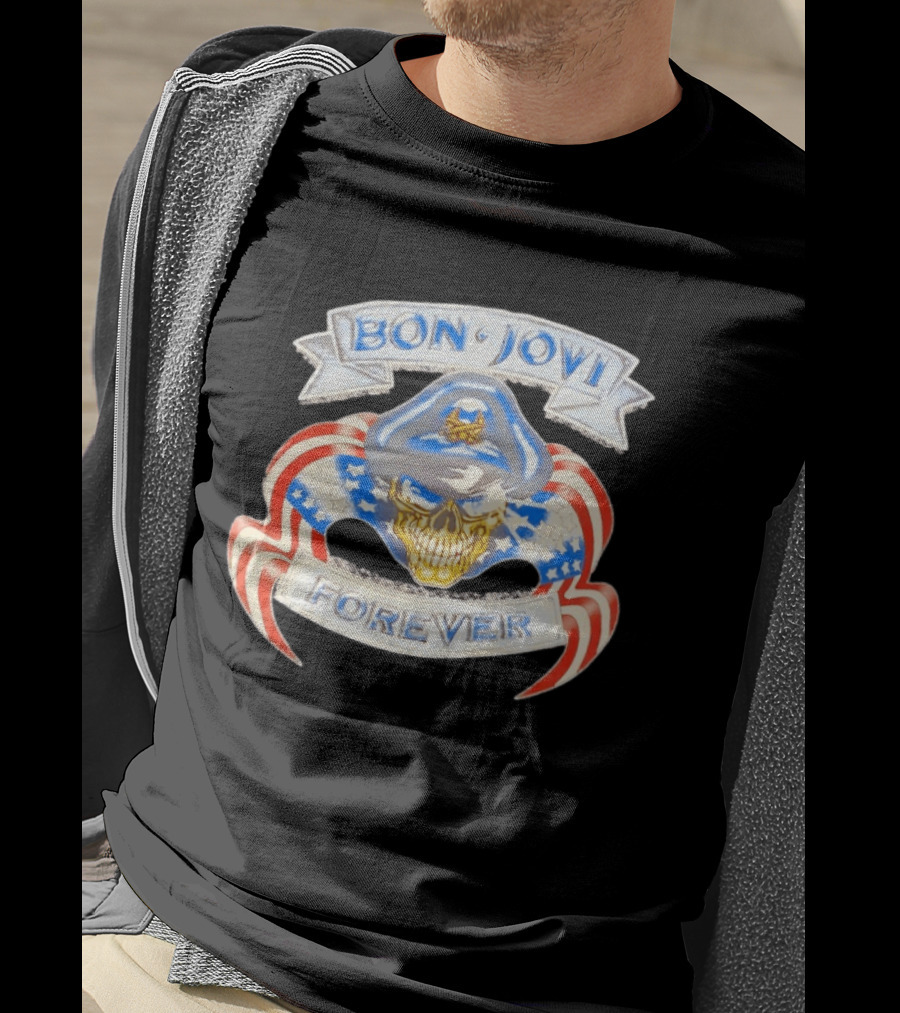 Bon Jovi Forever Skull With American Flag Banners And Blue Cap T-Shirt