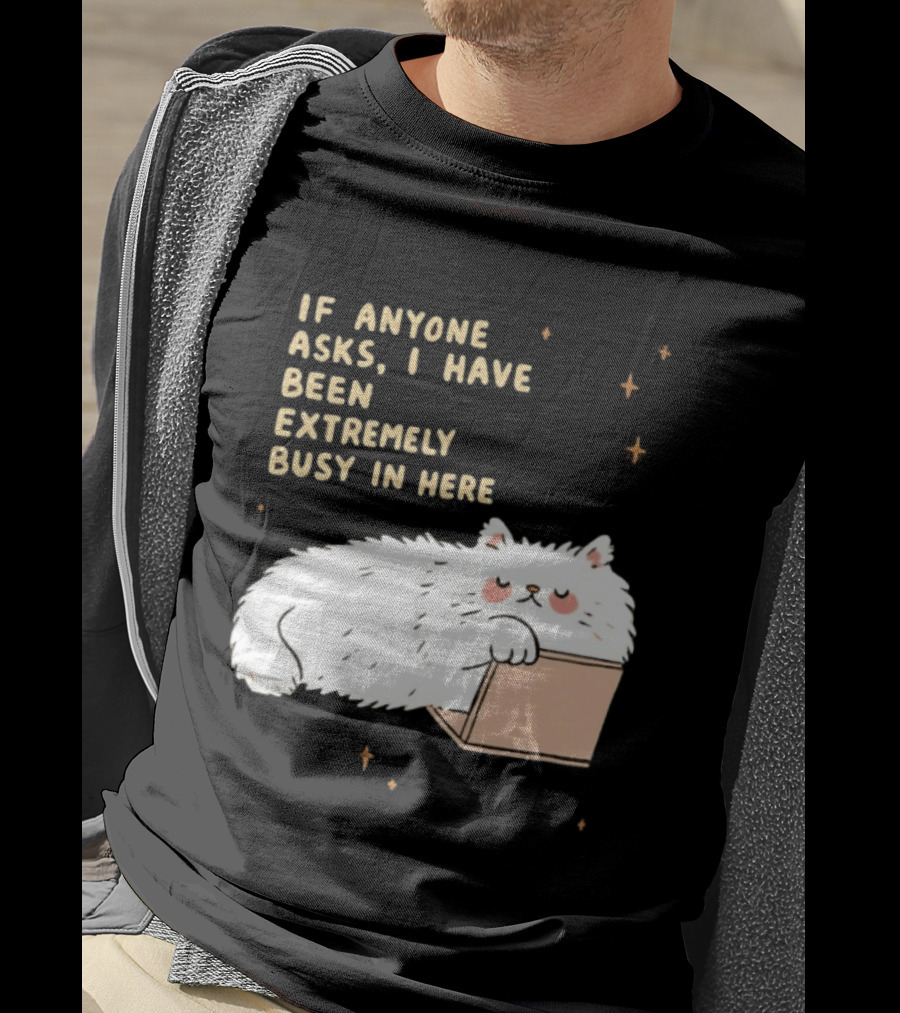 If Anyone Asks I Have Been Extremely Busy In Here Fluffy White Cat In Box T-Shirt
