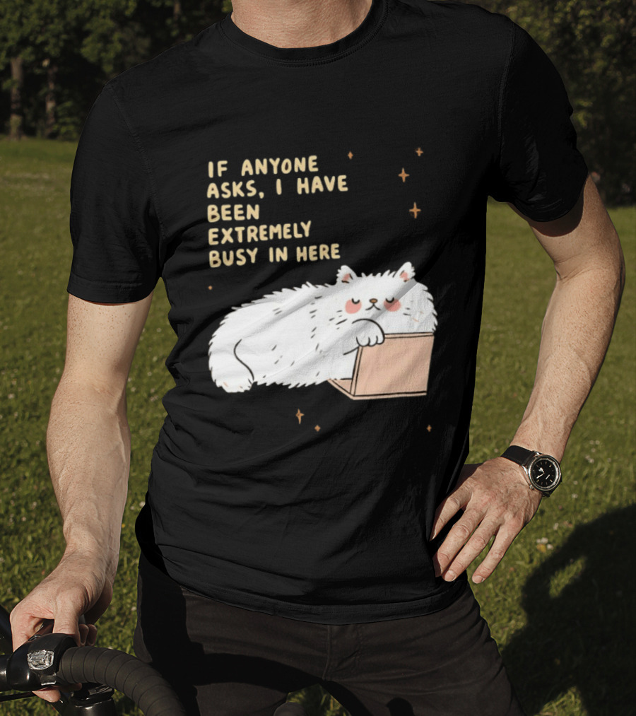 If Anyone Asks I Have Been Extremely Busy In Here Fluffy White Cat In Box T-Shirt
