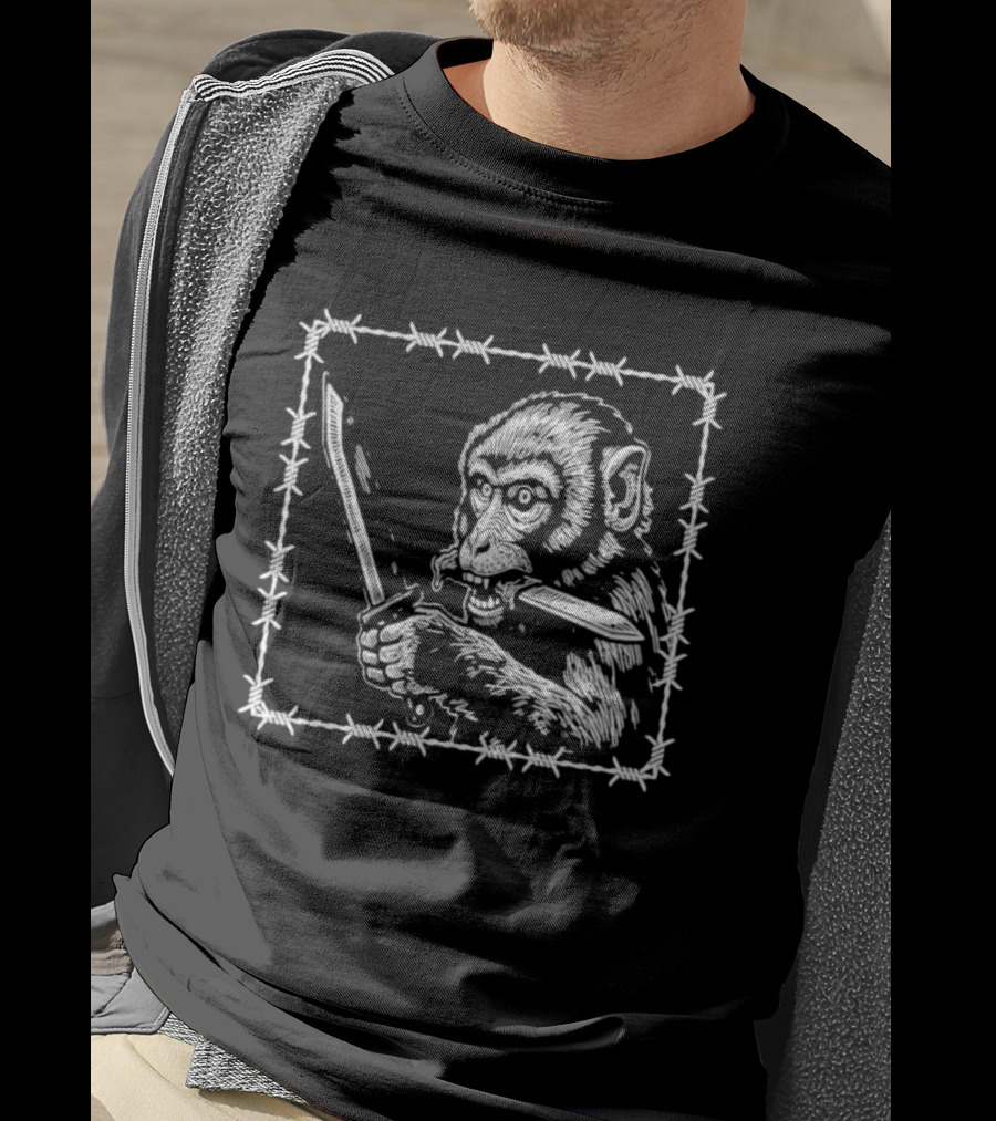 Monkey Holding Knife Barbed Wire Black And White Sketch T-Shirt