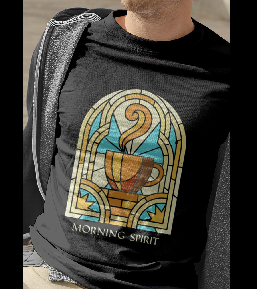 Morning Spirit Coffee Cup Stained Glass Art Deco T-Shirt