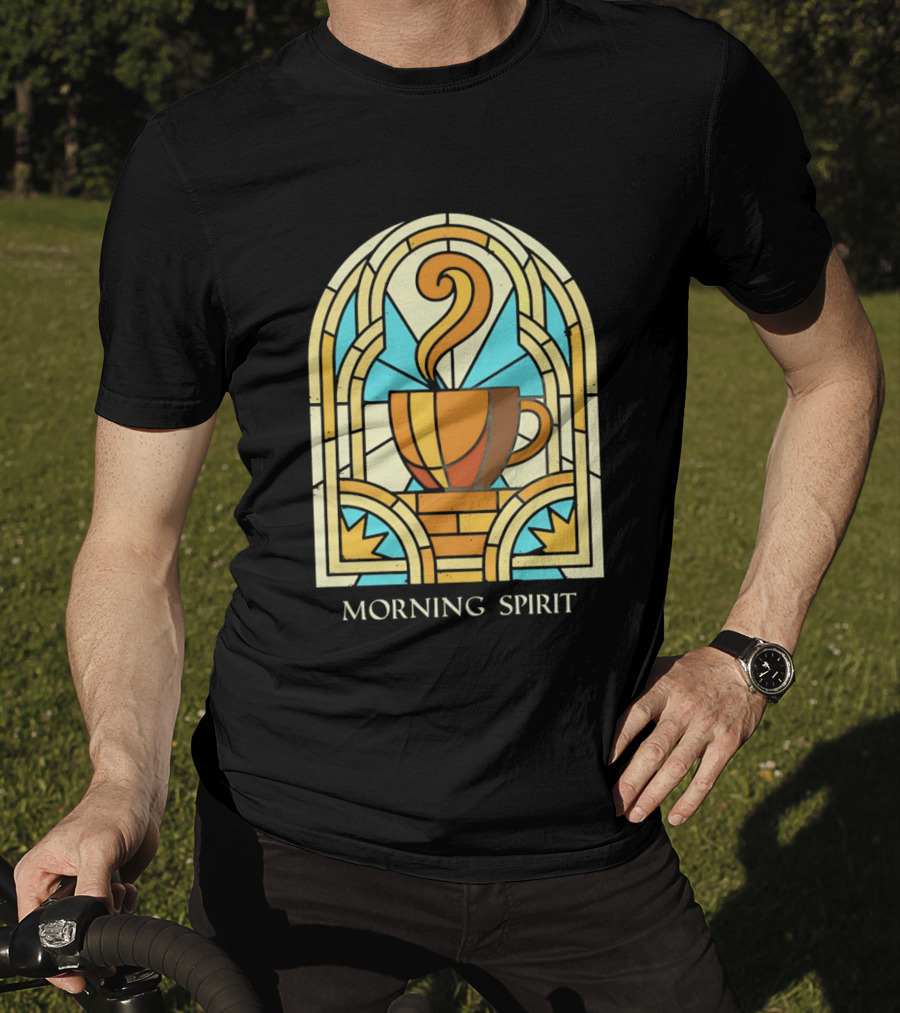 Morning Spirit Coffee Cup Stained Glass Art Deco T-Shirt