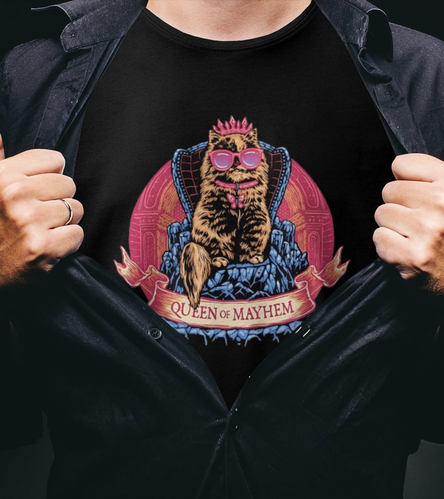 Queen Of Mayhem Cat With Pink Crown And Glasses On Throne T-Shirt