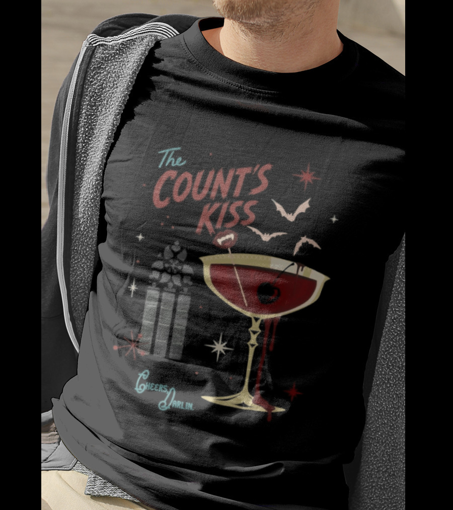 The Count's Kiss Cheers Darlin Vampire With Gothic Window And Wine Glass T-Shirt