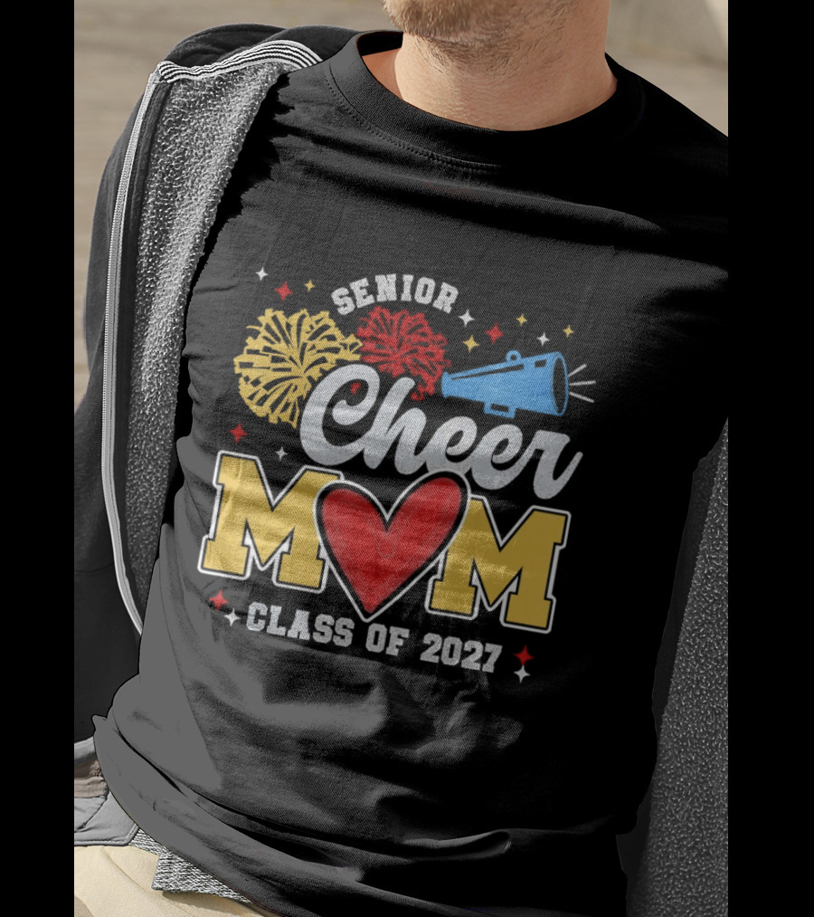 Senior Cheer Mom Megaphone Heart Pom Poms Class Of 2027 T-Shirt