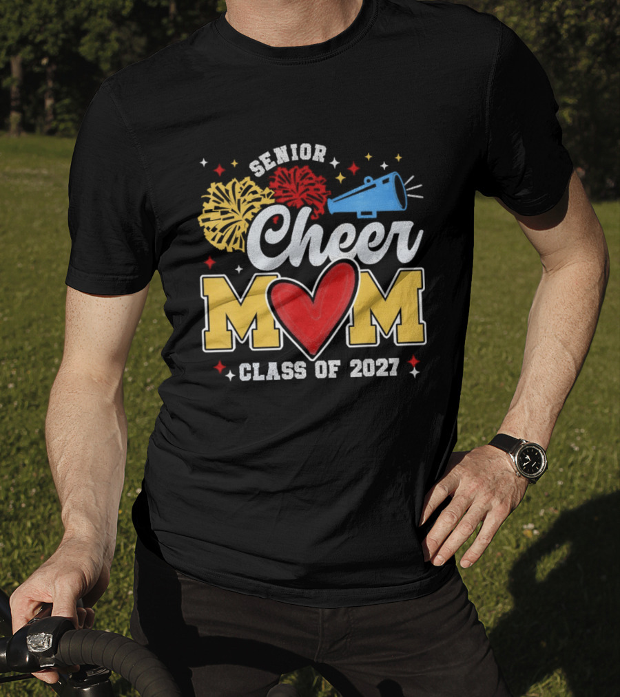 Senior Cheer Mom Megaphone Heart Pom Poms Class Of 2027 T-Shirt