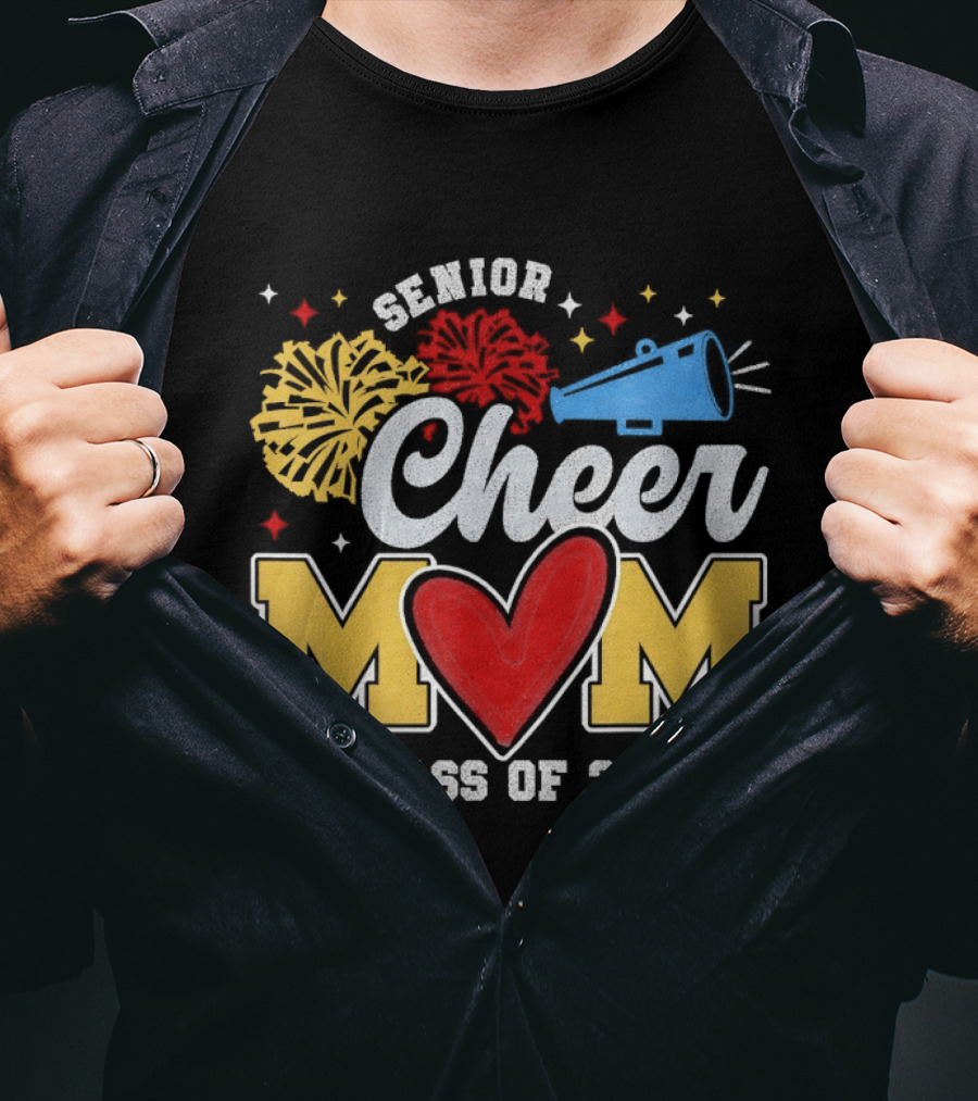 Senior Cheer Mom Megaphone Heart Pom Poms Class Of 2027 T-Shirt