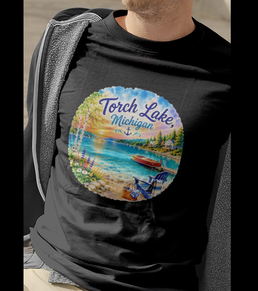 Torch Lake Michigan Sunset Scenic Lakeside Anchor T-Shirt