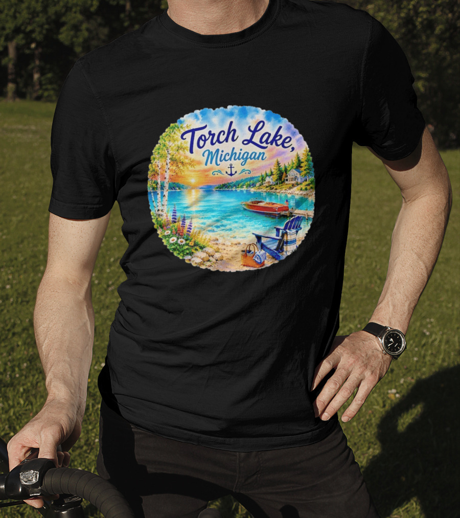 Torch Lake Michigan Sunset Scenic Lakeside Anchor T-Shirt