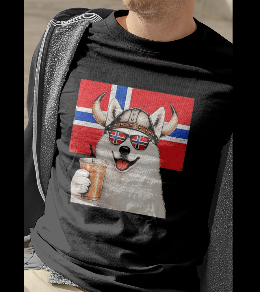 Viking Husky With Norwegian Flag Glasses And Iced Coffee T-Shirt