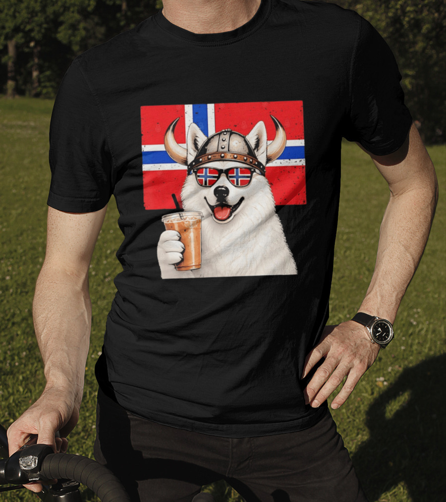 Viking Husky With Norwegian Flag Glasses And Iced Coffee T-Shirt