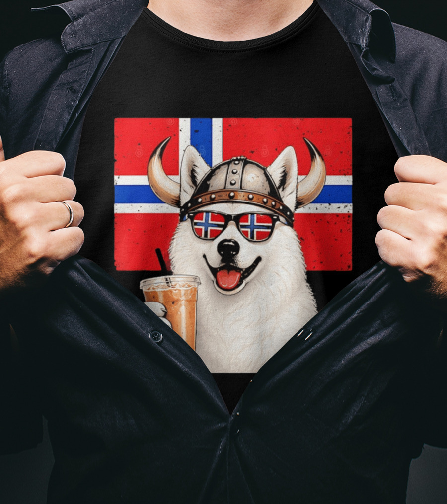 Viking Husky With Norwegian Flag Glasses And Iced Coffee T-Shirt